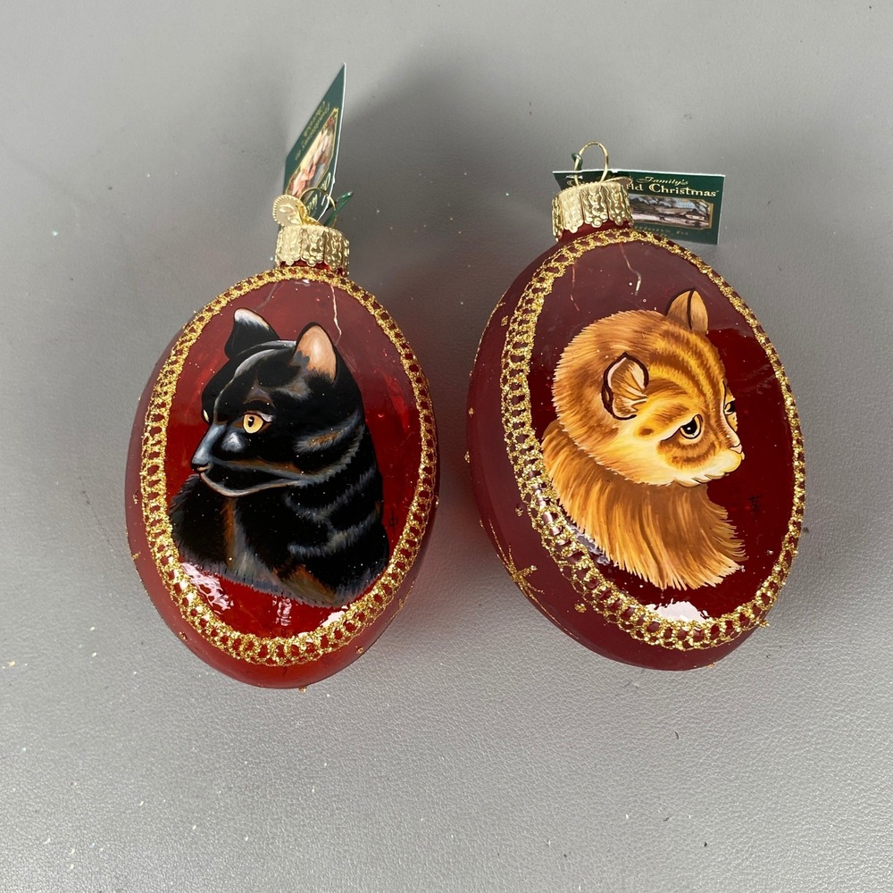 2 Old World Christmas Inside Art Glass Cat Ornaments Red Gold Black & Tabby